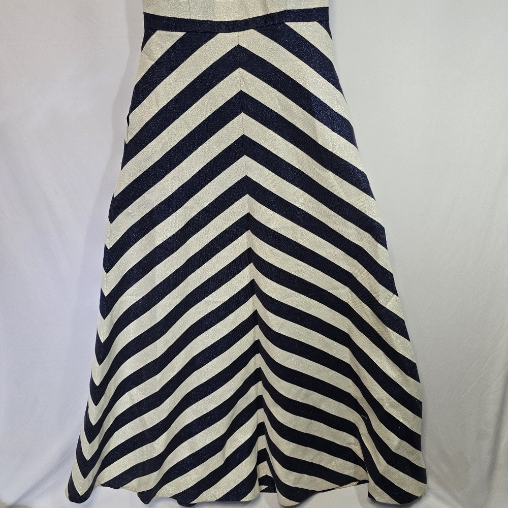Shoshanna Midnight Metallic Silver Blue Stripe Halter Evening Dress Prom Wedding - Picture 2 of 13